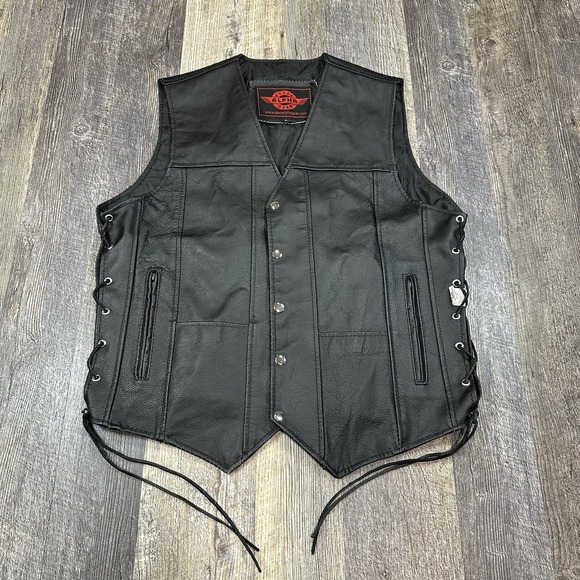 Alpha Cycle Gear Black Leather Laced Motorcycle Vest Size Large Snap Buttons - Picture 1 of 16